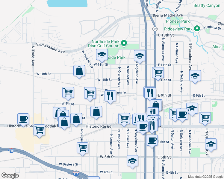 map of restaurants, bars, coffee shops, grocery stores, and more near 551 West Crescent Drive in Azusa
