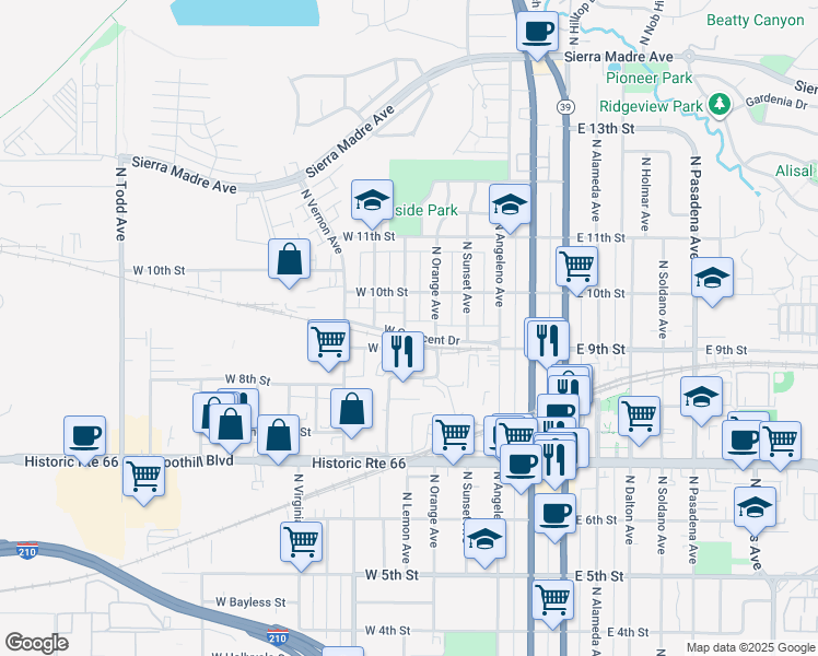 map of restaurants, bars, coffee shops, grocery stores, and more near 551 West Crescent Drive in Azusa