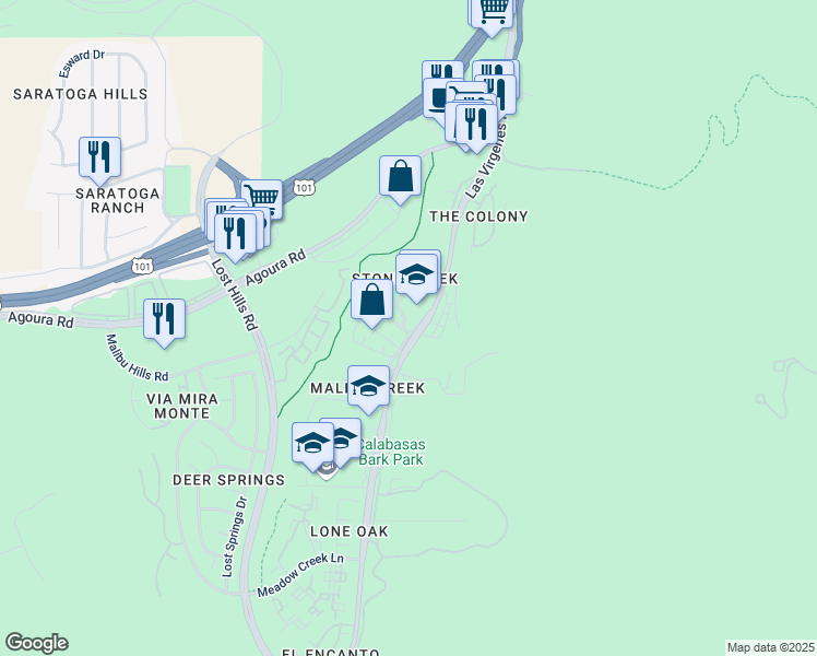 map of restaurants, bars, coffee shops, grocery stores, and more near 4302 Oak Glen Street in Calabasas