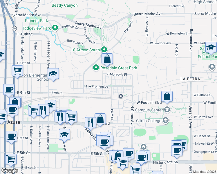 map of restaurants, bars, coffee shops, grocery stores, and more near in Azusa
