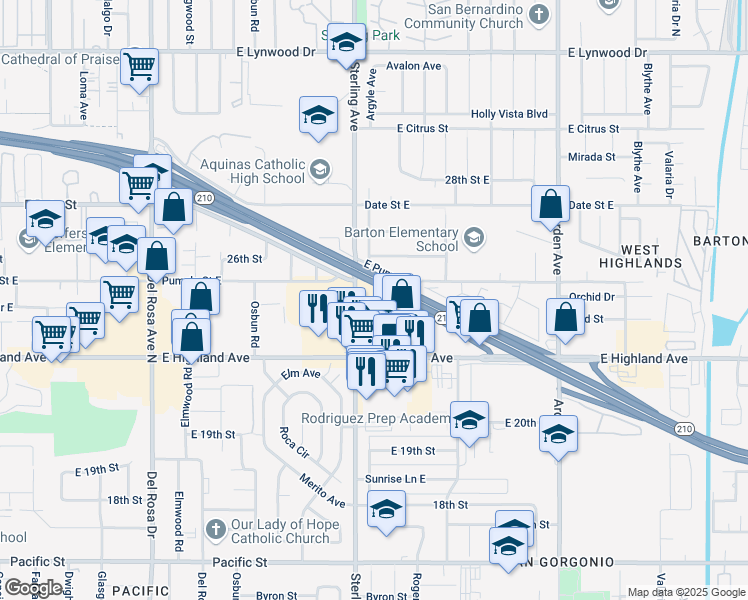 map of restaurants, bars, coffee shops, grocery stores, and more near 2373 Sterling Avenue in San Bernardino