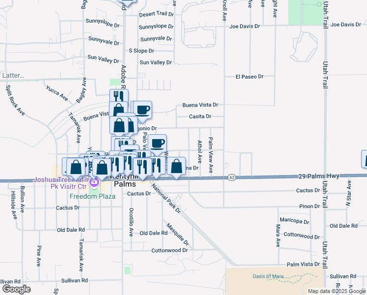 map of restaurants, bars, coffee shops, grocery stores, and more near 73944 Joshua Drive in Twentynine Palms