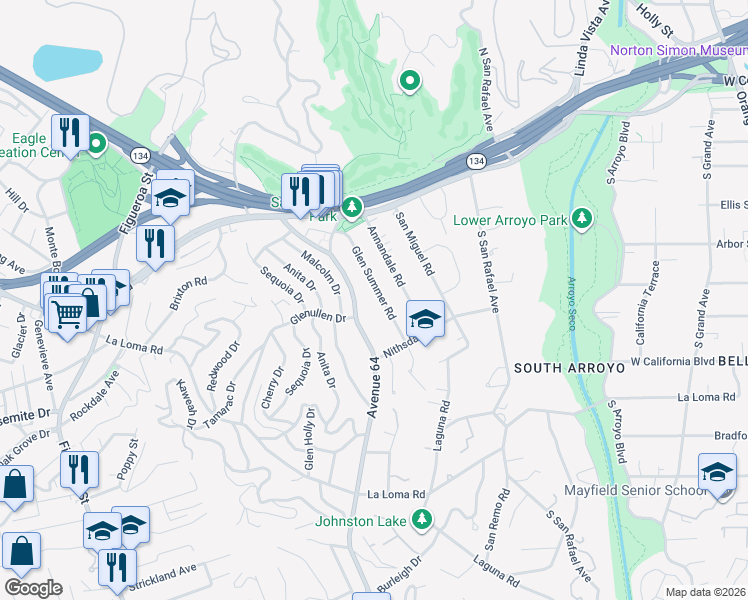 map of restaurants, bars, coffee shops, grocery stores, and more near 185 Glen Summer Road in Pasadena