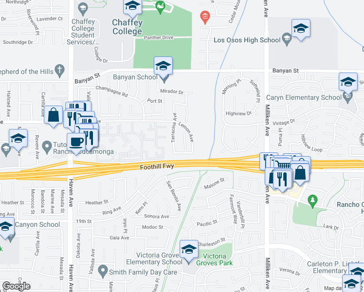 map of restaurants, bars, coffee shops, grocery stores, and more near 6400 Sonterra Court in Rancho Cucamonga