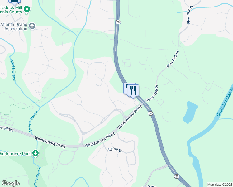 map of restaurants, bars, coffee shops, grocery stores, and more near 1229 Ellington Court in Cumming