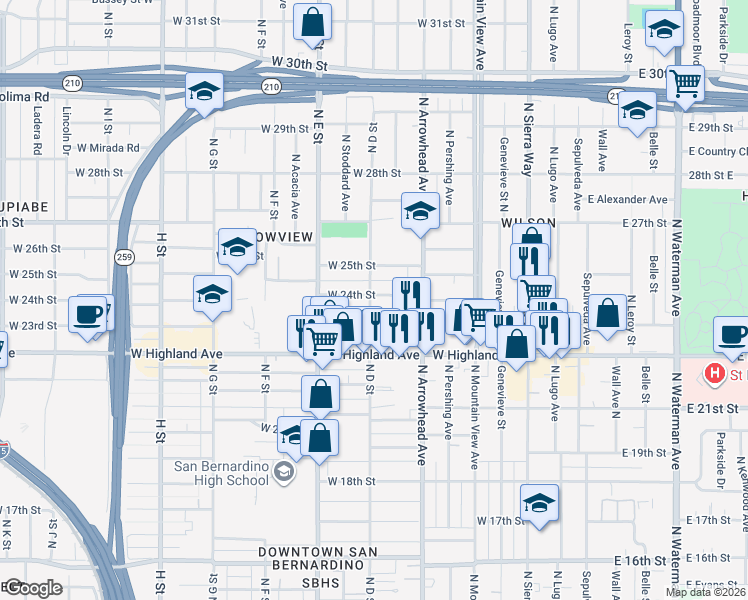 map of restaurants, bars, coffee shops, grocery stores, and more near in San Bernardino