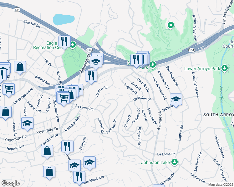 map of restaurants, bars, coffee shops, grocery stores, and more near 258 Redwood Drive in Pasadena