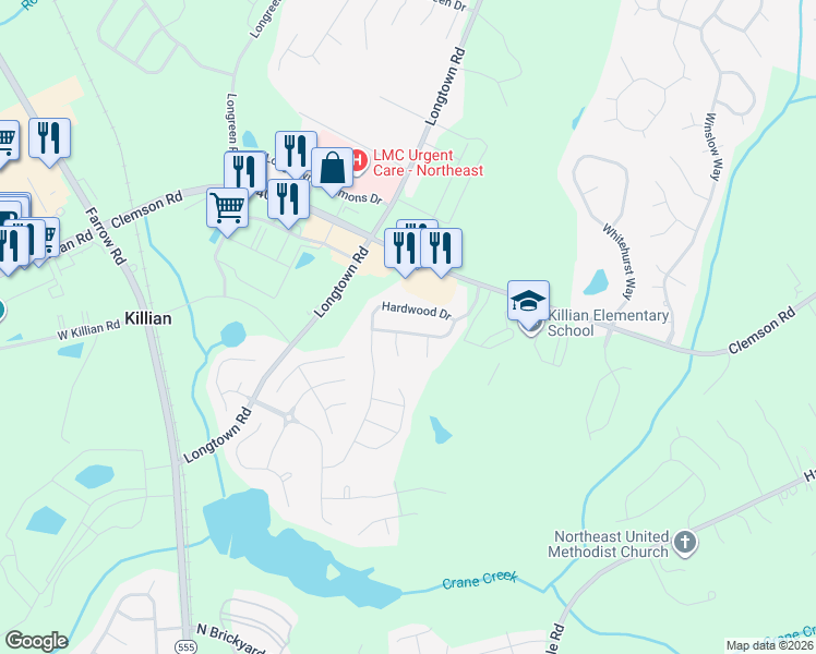 map of restaurants, bars, coffee shops, grocery stores, and more near 312 Killian Green Drive in Columbia