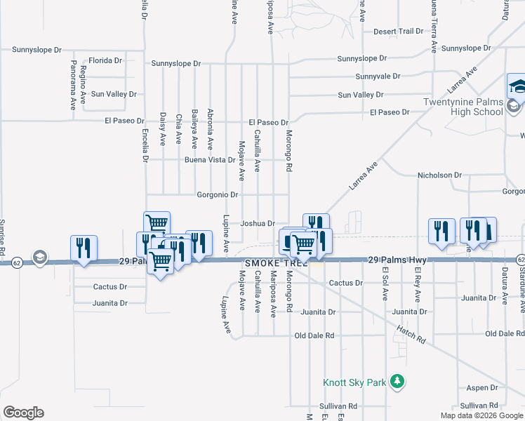 map of restaurants, bars, coffee shops, grocery stores, and more near 6349 Cahuilla Avenue in Twentynine Palms