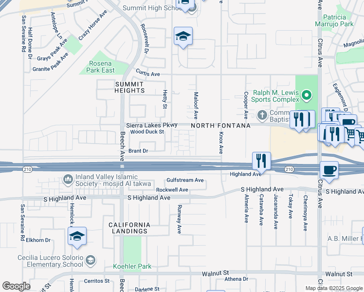 map of restaurants, bars, coffee shops, grocery stores, and more near 6393 Sierra Vista Lane in Fontana