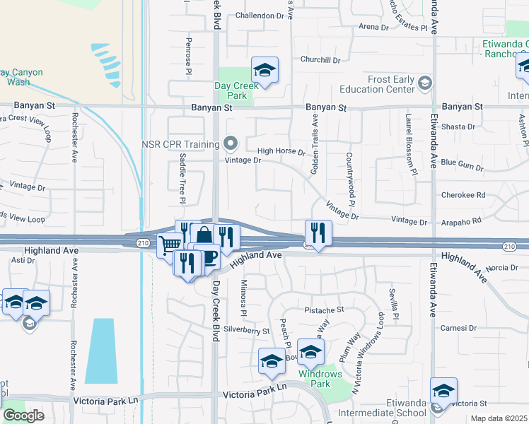 map of restaurants, bars, coffee shops, grocery stores, and more near 12358 Rodeo Drive in Rancho Cucamonga