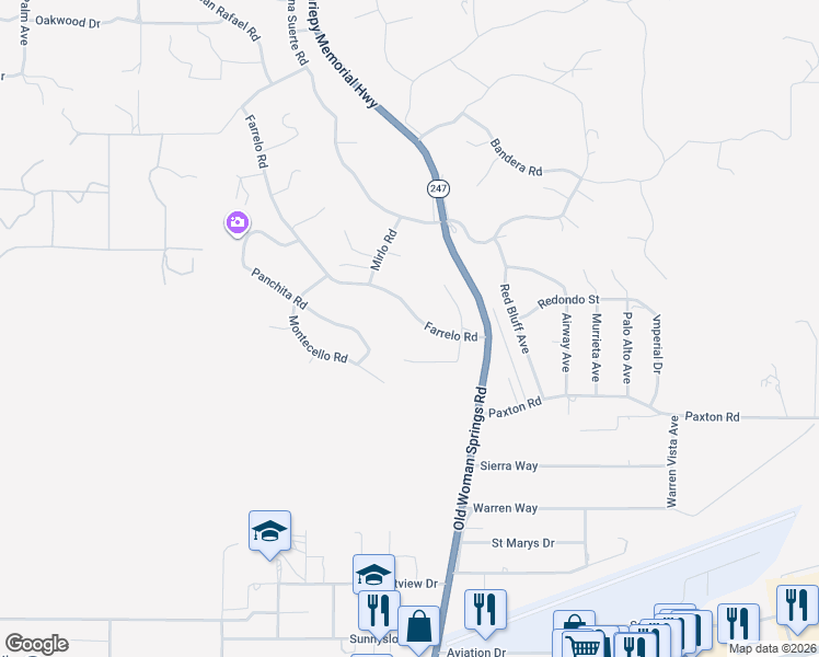 map of restaurants, bars, coffee shops, grocery stores, and more near 57250 Farrelo Road in Yucca Valley