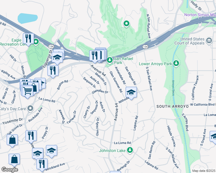 map of restaurants, bars, coffee shops, grocery stores, and more near 196 Malcolm Drive in Pasadena