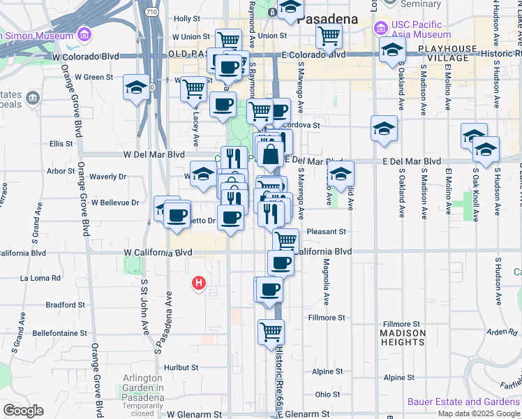 map of restaurants, bars, coffee shops, grocery stores, and more near 421 South Raymond Avenue in Pasadena