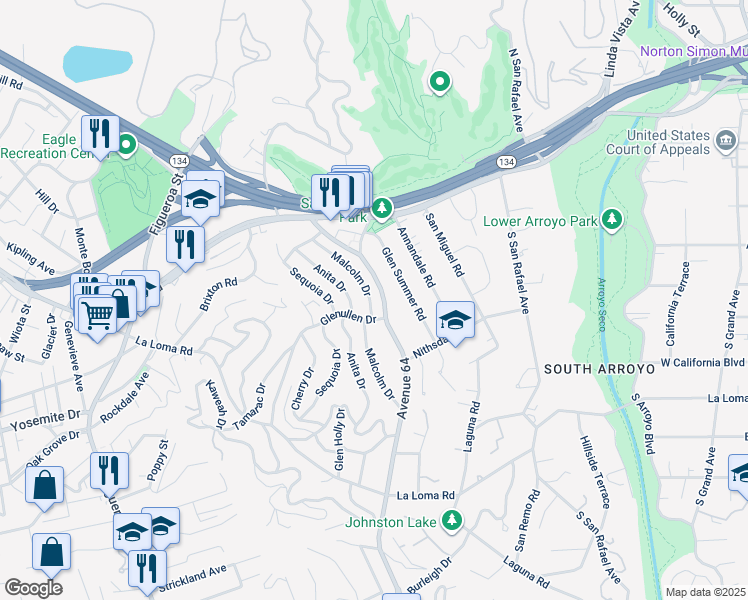 map of restaurants, bars, coffee shops, grocery stores, and more near 196 Malcolm Drive in Pasadena