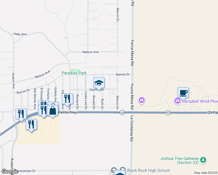 map of restaurants, bars, coffee shops, grocery stores, and more near 59144 David Avenue in Yucca Valley