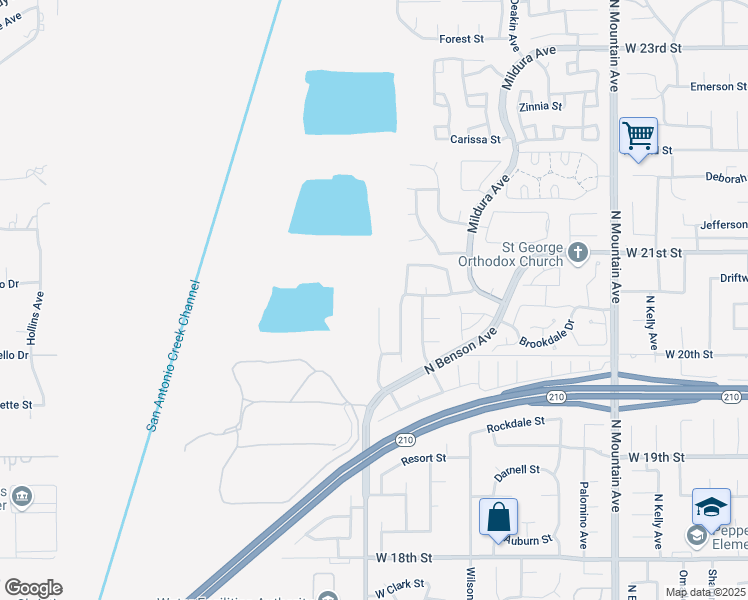 map of restaurants, bars, coffee shops, grocery stores, and more near 2053 Birkdale Avenue in Upland