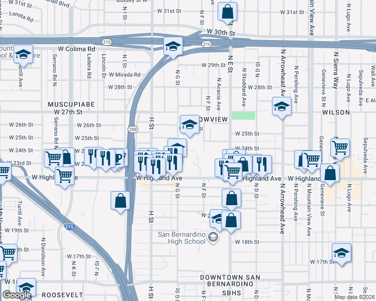 map of restaurants, bars, coffee shops, grocery stores, and more near 2513 North G Street in San Bernardino
