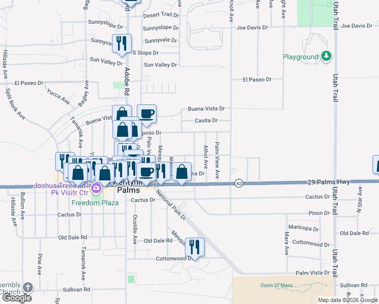 map of restaurants, bars, coffee shops, grocery stores, and more near 73944 Joshua Drive in Twentynine Palms