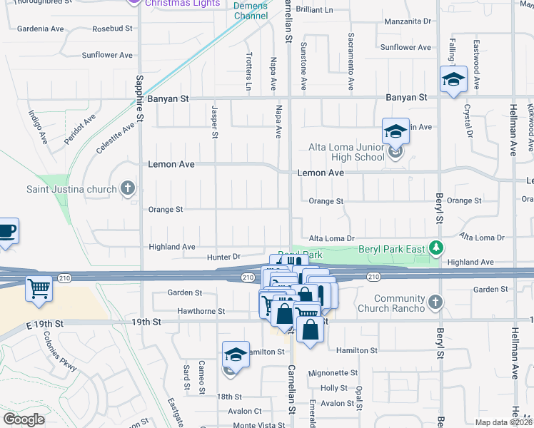 map of restaurants, bars, coffee shops, grocery stores, and more near 8635 Orange Street in Rancho Cucamonga