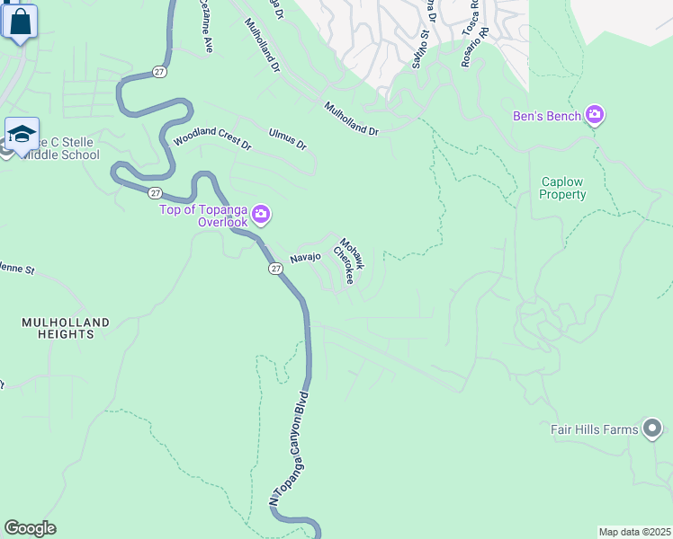 map of restaurants, bars, coffee shops, grocery stores, and more near 171 Comanche in Topanga