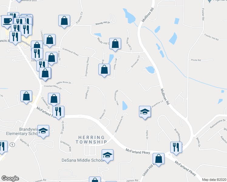 map of restaurants, bars, coffee shops, grocery stores, and more near 501 Windstone Trail in Alpharetta