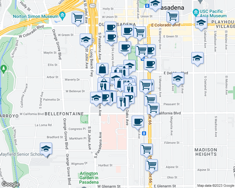 map of restaurants, bars, coffee shops, grocery stores, and more near 60 West Bellevue Drive in Pasadena