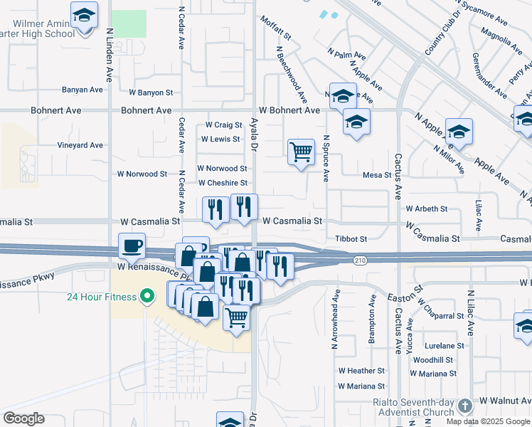 map of restaurants, bars, coffee shops, grocery stores, and more near 1074 West Casmalia Street in Rialto