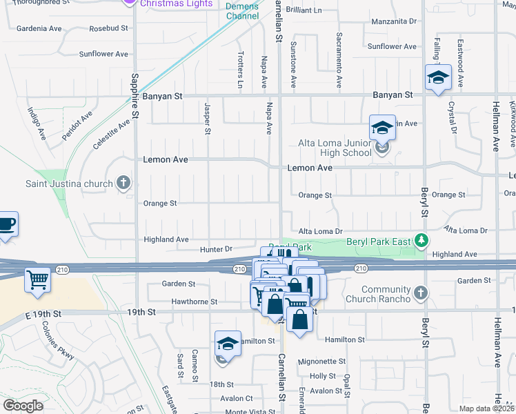 map of restaurants, bars, coffee shops, grocery stores, and more near 8635 Orange Street in Rancho Cucamonga