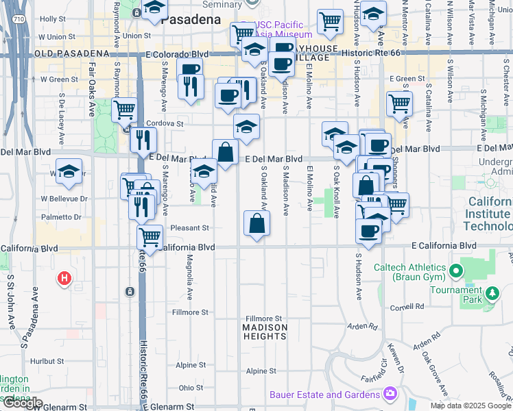 map of restaurants, bars, coffee shops, grocery stores, and more near 425 South Oakland Avenue in Pasadena
