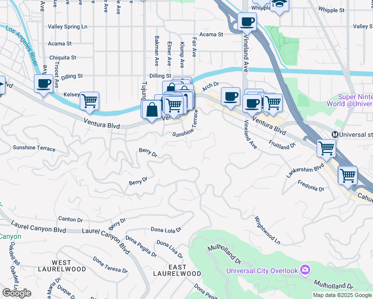 map of restaurants, bars, coffee shops, grocery stores, and more near 11302 Brill Drive in Los Angeles