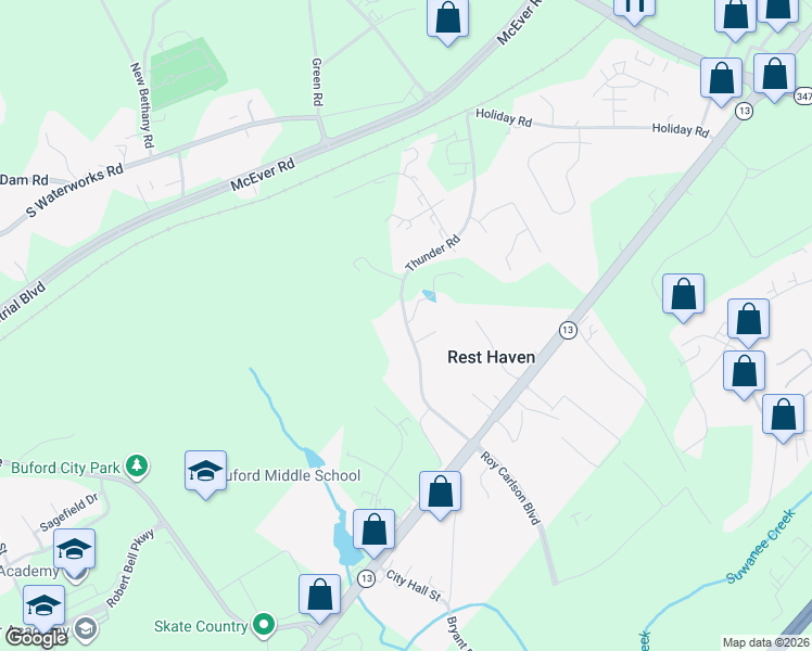 map of restaurants, bars, coffee shops, grocery stores, and more near 426 Thunder Road in Buford