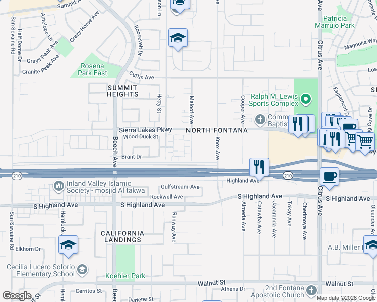 map of restaurants, bars, coffee shops, grocery stores, and more near Moonfire Lane in Fontana