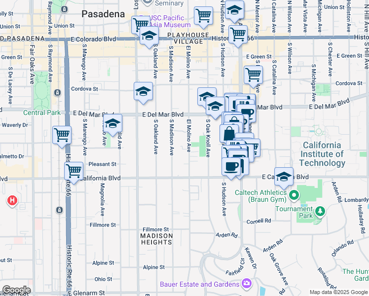 map of restaurants, bars, coffee shops, grocery stores, and more near 465 South El Molino Avenue in Pasadena