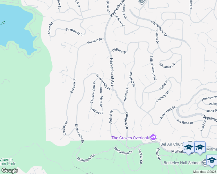 map of restaurants, bars, coffee shops, grocery stores, and more near 16717 Encino Hills Drive in Los Angeles