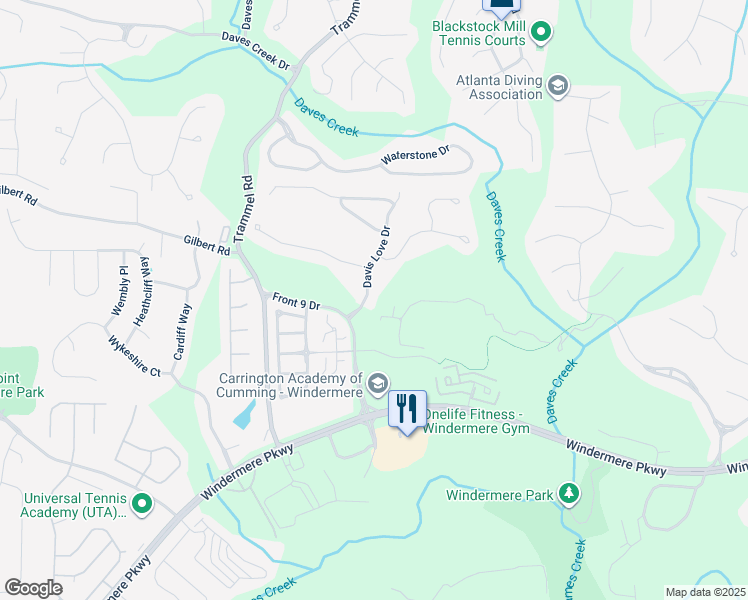 map of restaurants, bars, coffee shops, grocery stores, and more near 5102 Davis Love Drive in Cumming