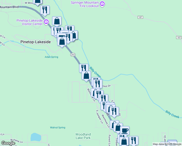 map of restaurants, bars, coffee shops, grocery stores, and more near 310 East White Mountain Boulevard in Pinetop-Lakeside