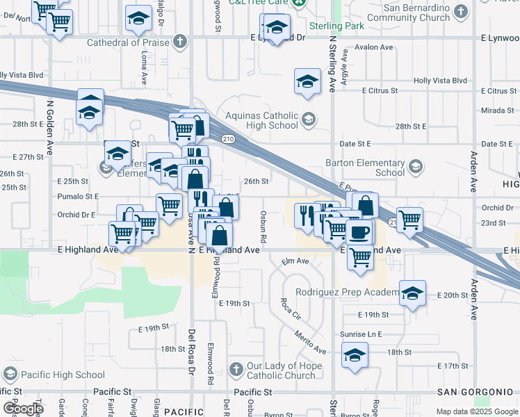 map of restaurants, bars, coffee shops, grocery stores, and more near 301 Pumalo Street East in San Bernardino