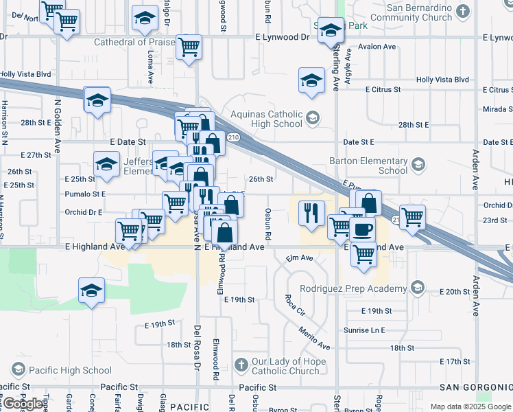 map of restaurants, bars, coffee shops, grocery stores, and more near 2350 Osbun Road in San Bernardino