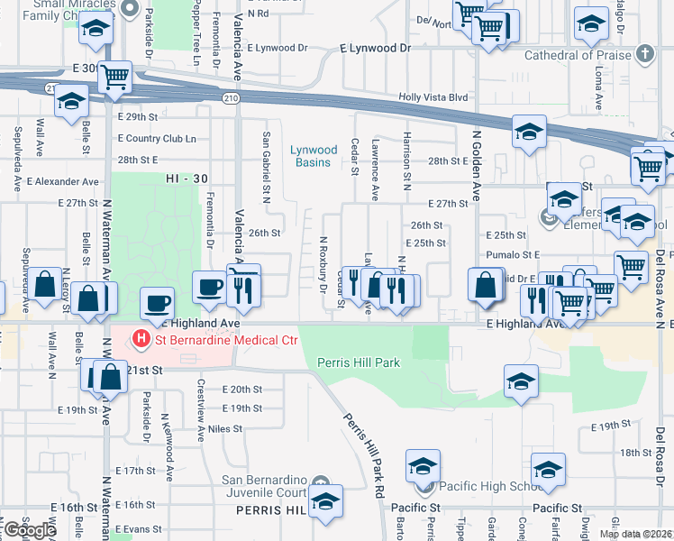 map of restaurants, bars, coffee shops, grocery stores, and more near 2430 North Roxbury Drive in San Bernardino