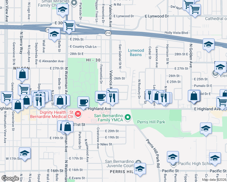 map of restaurants, bars, coffee shops, grocery stores, and more near 727 East Norbert Drive in San Bernardino