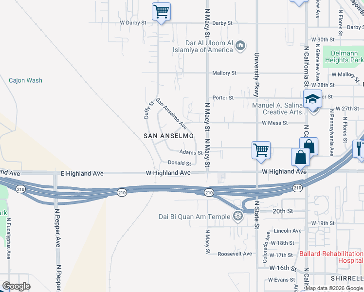 map of restaurants, bars, coffee shops, grocery stores, and more near 2495 San Benito Court in San Bernardino