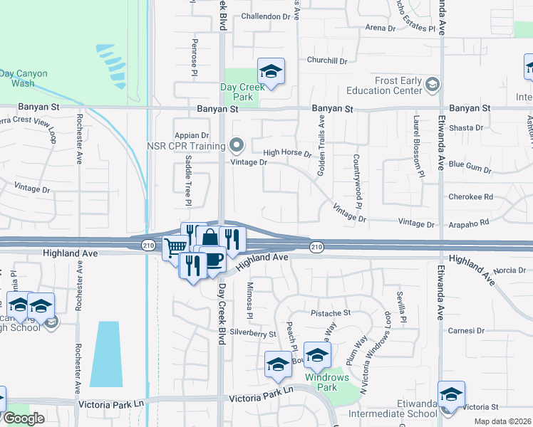 map of restaurants, bars, coffee shops, grocery stores, and more near 91739 Elkridge Place in Rancho Cucamonga
