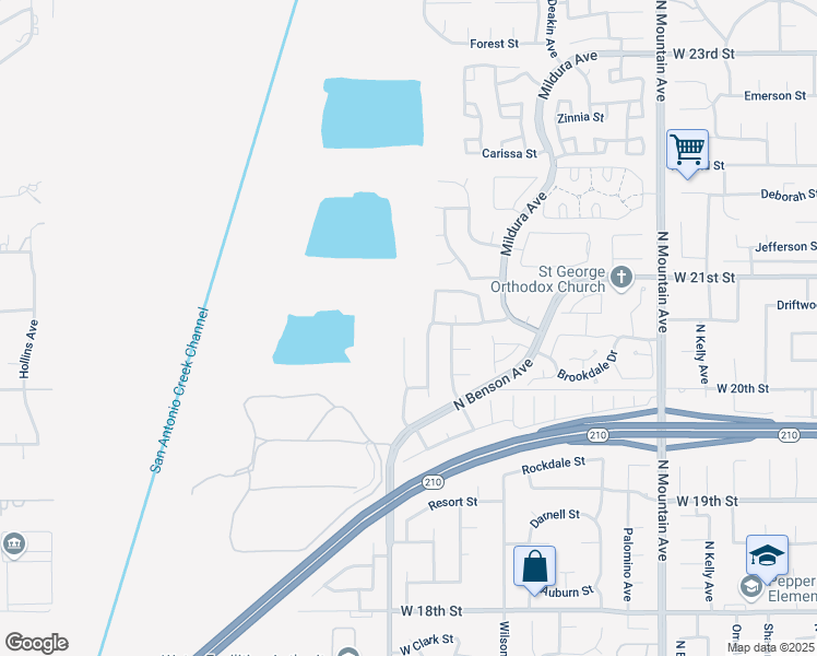map of restaurants, bars, coffee shops, grocery stores, and more near 2053 Birkdale Avenue in Upland