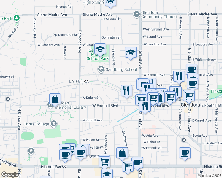 map of restaurants, bars, coffee shops, grocery stores, and more near 701 Park View Terrace in Glendora