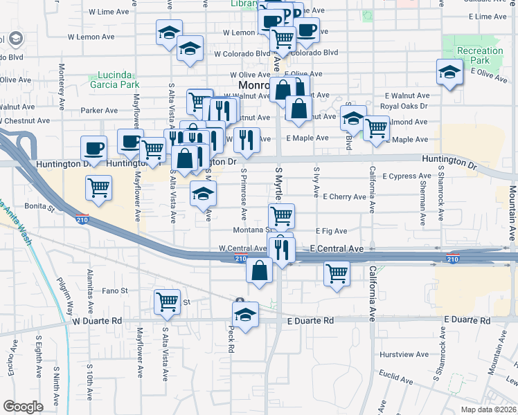 map of restaurants, bars, coffee shops, grocery stores, and more near 127 West Cherry Avenue in Monrovia