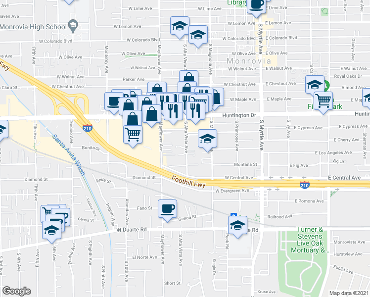 map of restaurants, bars, coffee shops, grocery stores, and more near 1219 South Alta Vista Avenue in Monrovia