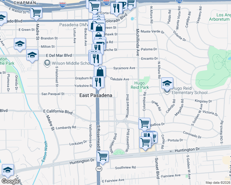 map of restaurants, bars, coffee shops, grocery stores, and more near 462 Minoa Avenue in Pasadena