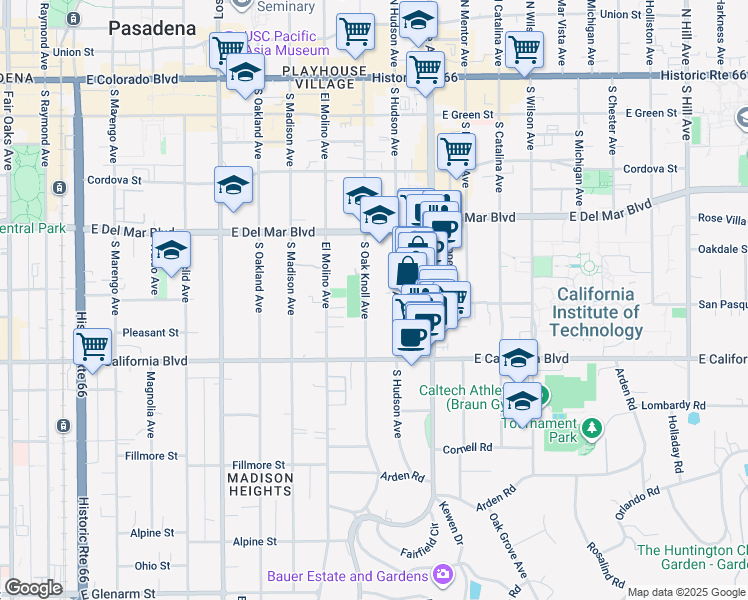 map of restaurants, bars, coffee shops, grocery stores, and more near 390 South El Molino Avenue in Pasadena