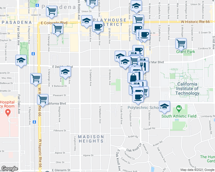 map of restaurants, bars, coffee shops, grocery stores, and more near 427 South El Molino Avenue in Pasadena